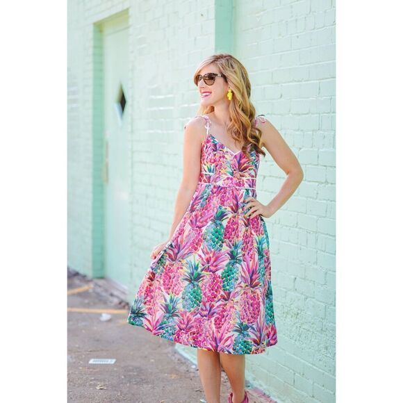 J. Crew Pineapple Sundress Size 14 100% Cotton Palm Beach Tropical Hawaiian - Picture 2 of 10